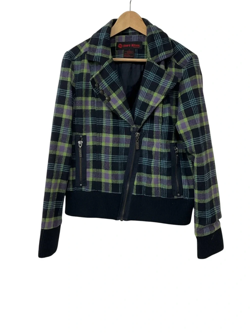 Y2K Vintage Hot Kiss Wool Blend Green Purple Plaid Bomber Jacket M